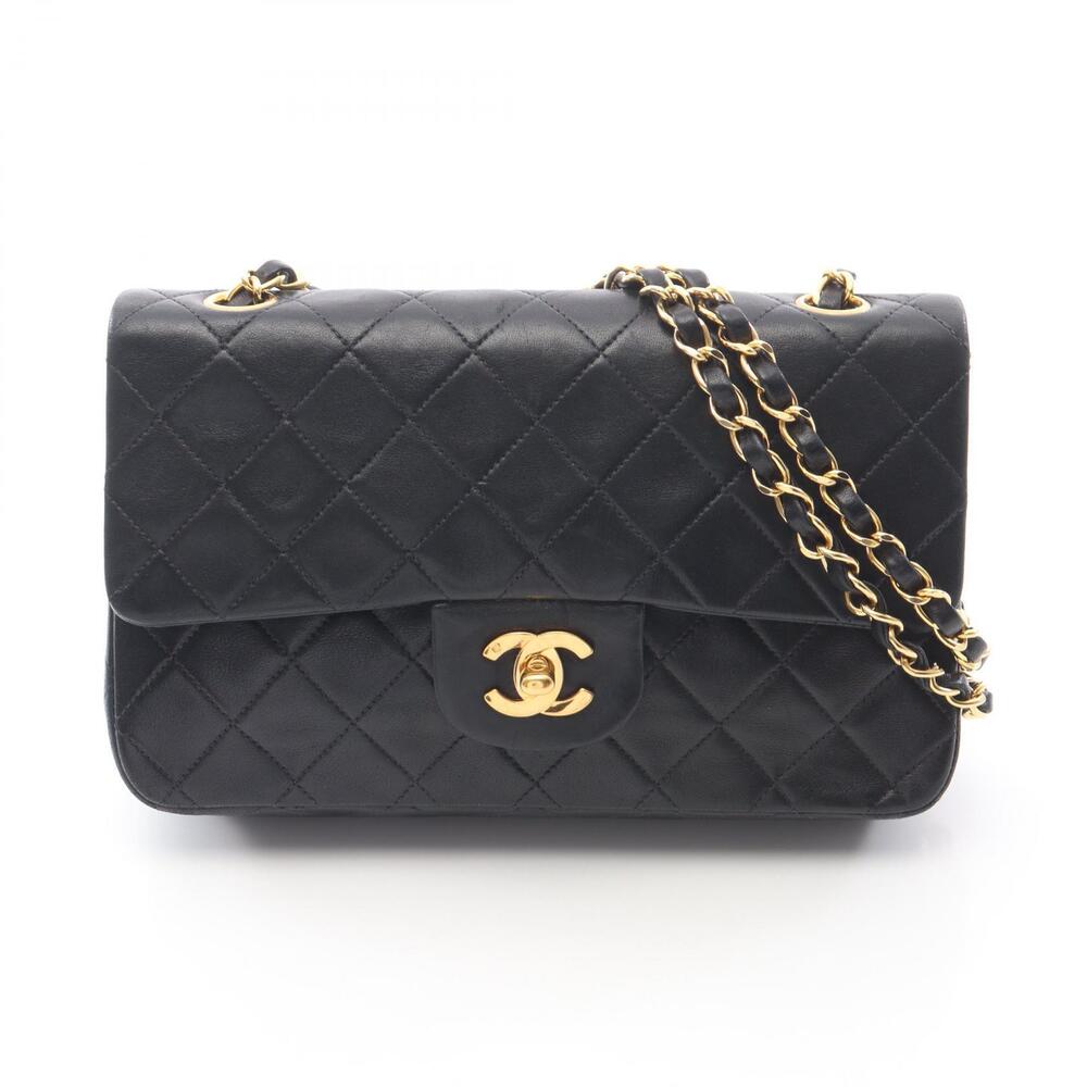 Chanel Matelasse Double Flap Shoulder Bag Lambskin Sheepskin Black